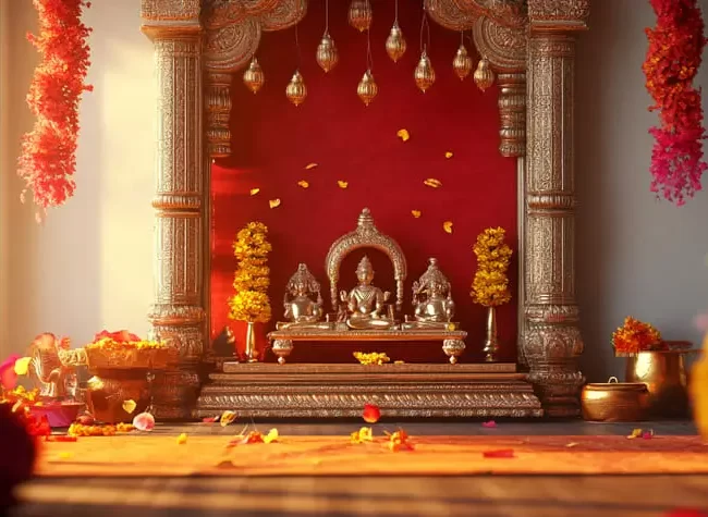 fireplace with red background gold plate with flowers it 1